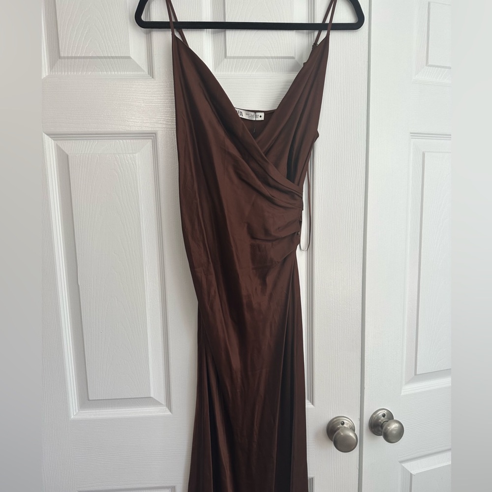 Zara Brown Midi Satin Dress - Picture 4 of 4